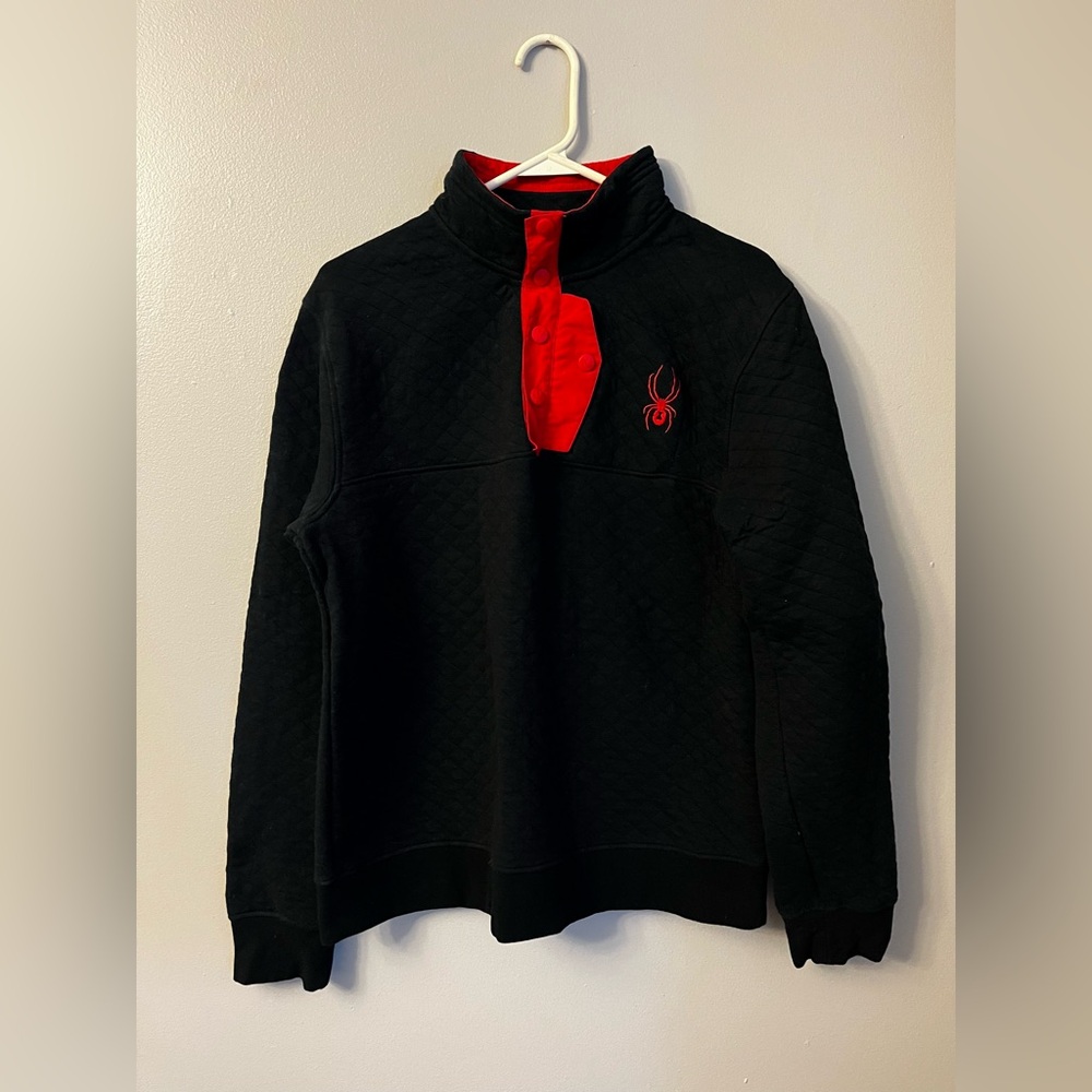 Spyder Sweatshirt Sweater Pullover Fleece Size M Black Red 1/4 Button